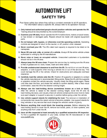 Automotive Lift Institute (ALI) Safety Tips Card